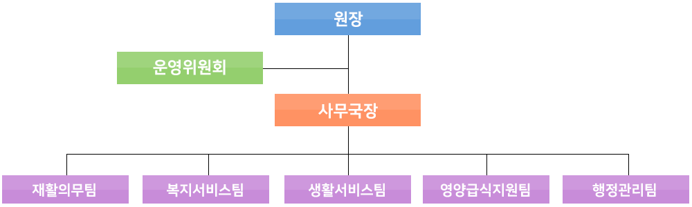 조직도:원장,운영위원회,사무국장,기획총무팀,생활복지팀,생활지원팀